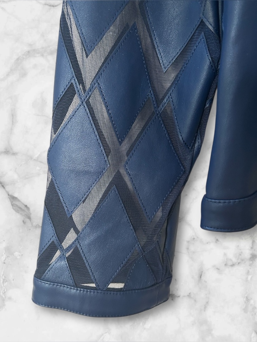 Colleen Lopez Navy Blue Faux Leather & Mesh Diamond Cutout Jacket Size L - Picture 5 of 10